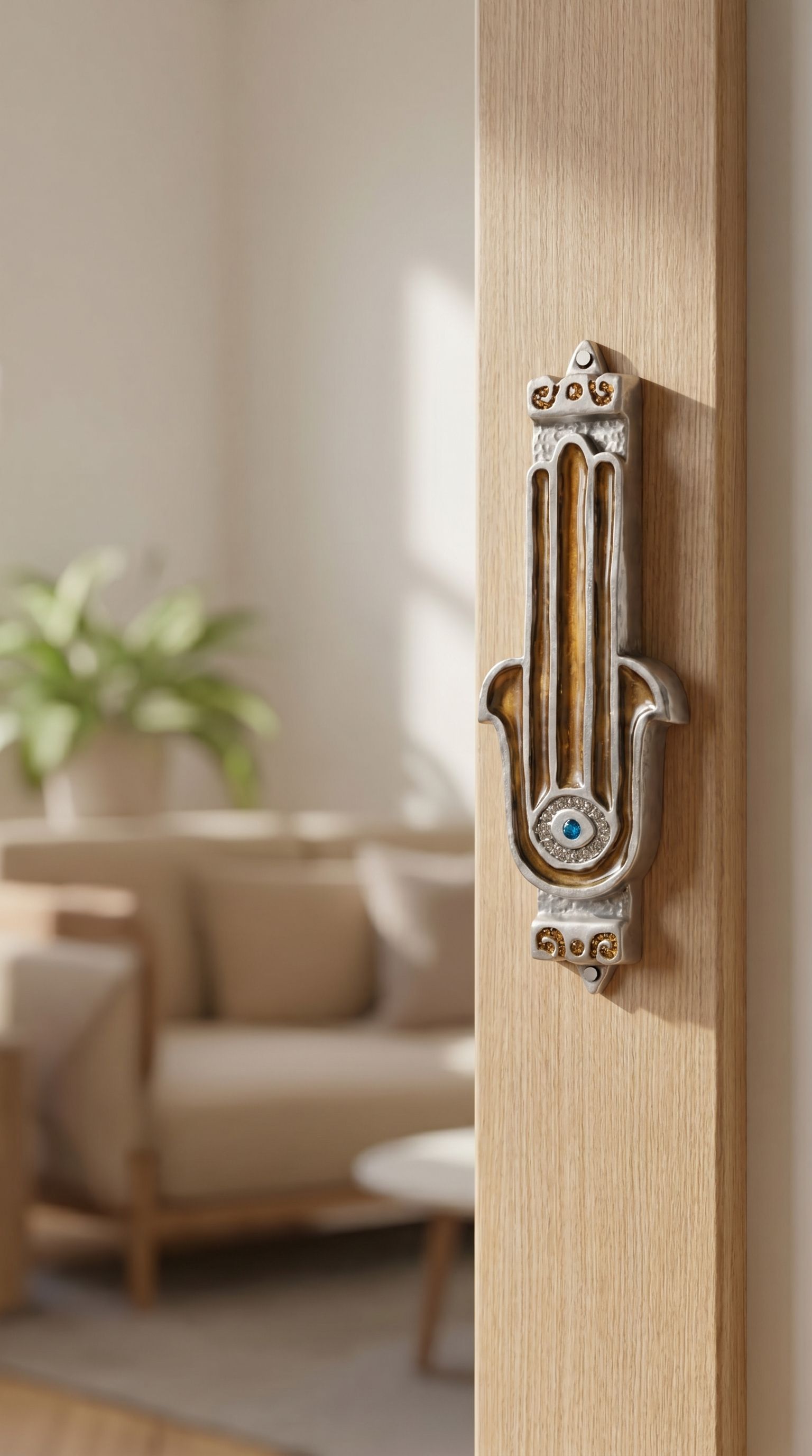 Amber Hamsa Guard Mezuzah on a sleek doorway with soft lighting, showcasing the hand painted enamel, amber tones, and Judaica design.