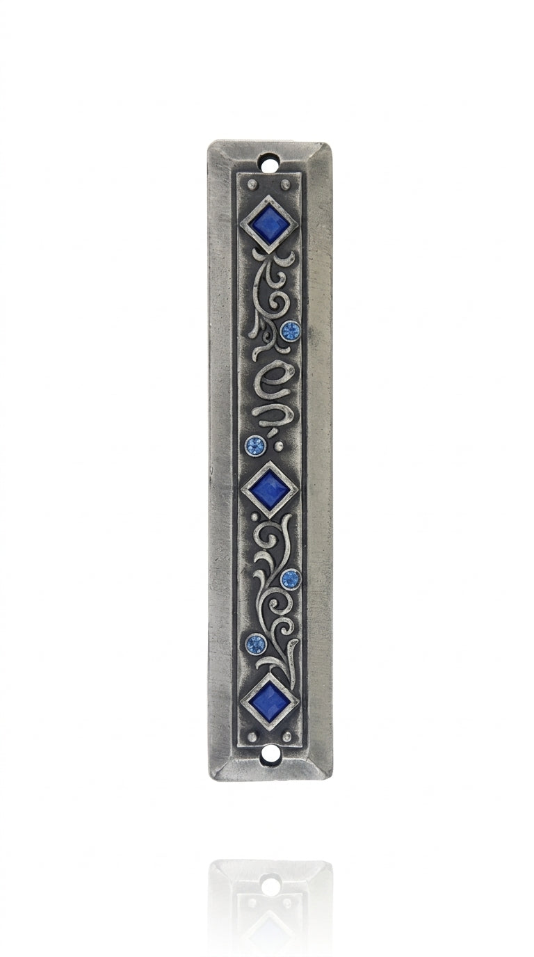 Upscaled Amsterdam Mezuzah with detailed Hebrew characters and decorative motifs, displayed on a pure white background.