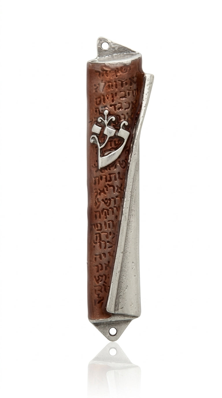 Brown Angel Mezuzah with unrolled scroll revealing angel names, decorative enamel, perfect for home door blessing.