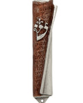 Brown Angel Mezuzah with unrolled scroll revealing angel names, decorative enamel, perfect for home door blessing.