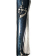 Elegant pewter mezuzah with midnight blue enamel, shaped like a scroll unrolling to reveal angels' names, displayed on a polished white surface with soft reflection.