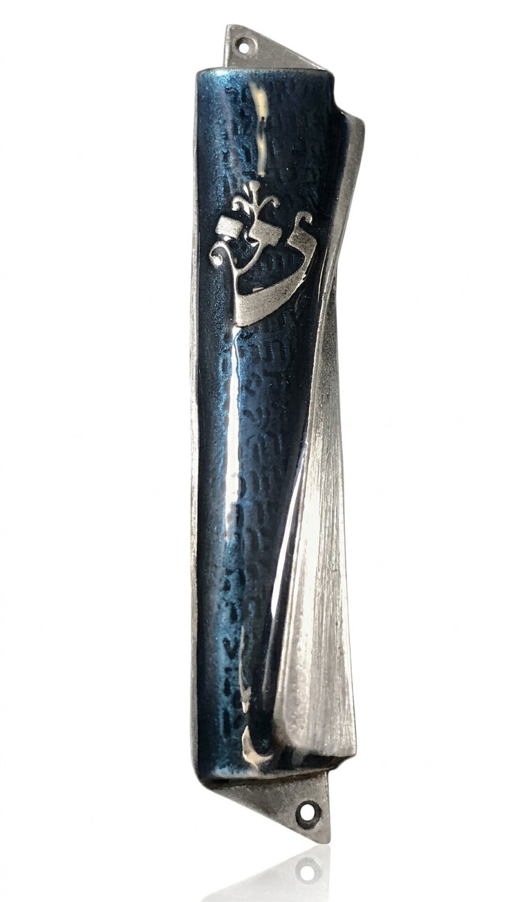 Elegant pewter mezuzah with midnight blue enamel, shaped like a scroll unrolling to reveal angels' names, displayed on a polished white surface with soft reflection.