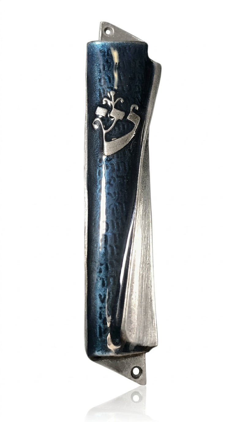 Elegant pewter mezuzah with midnight blue enamel, shaped like a scroll unrolling to reveal angels' names, displayed on a polished white surface with soft reflection.
