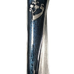 Elegant pewter mezuzah with midnight blue enamel, shaped like a scroll unrolling to reveal angels' names, displayed on a polished white surface with soft reflection.