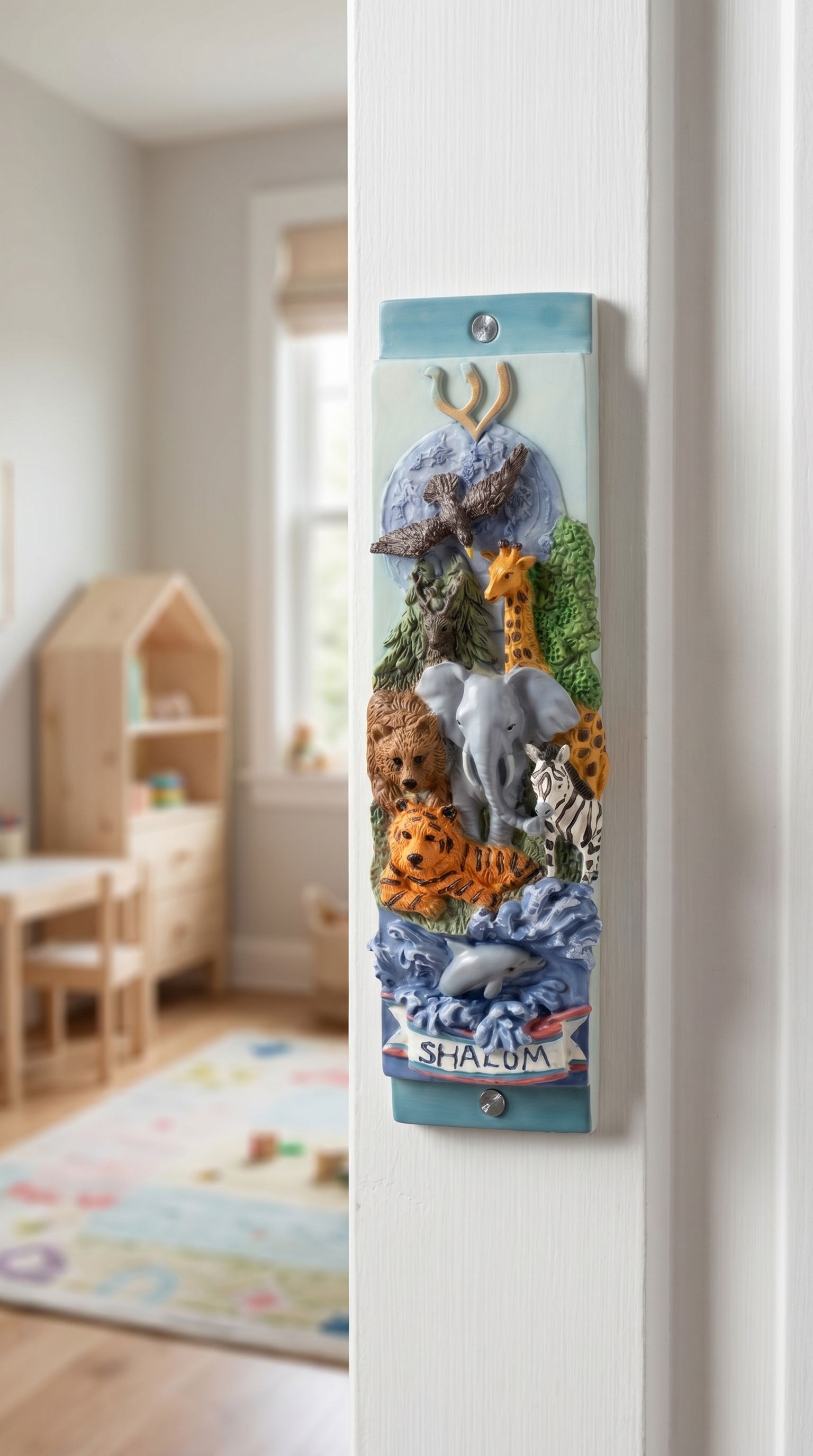 Lifelike lifestyle image of animal kingdom mezuzah on a doorway inside a child's room, showcasing colorful safari animals and a Shalom banner, crafted with detailed hand-painted design.