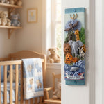 Bright, playful Animal Kingdom mezuzah with safari animals and Shalom banner on a children's doorway