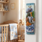 Bright, playful Animal Kingdom mezuzah with safari animals and Shalom banner on a children's doorway