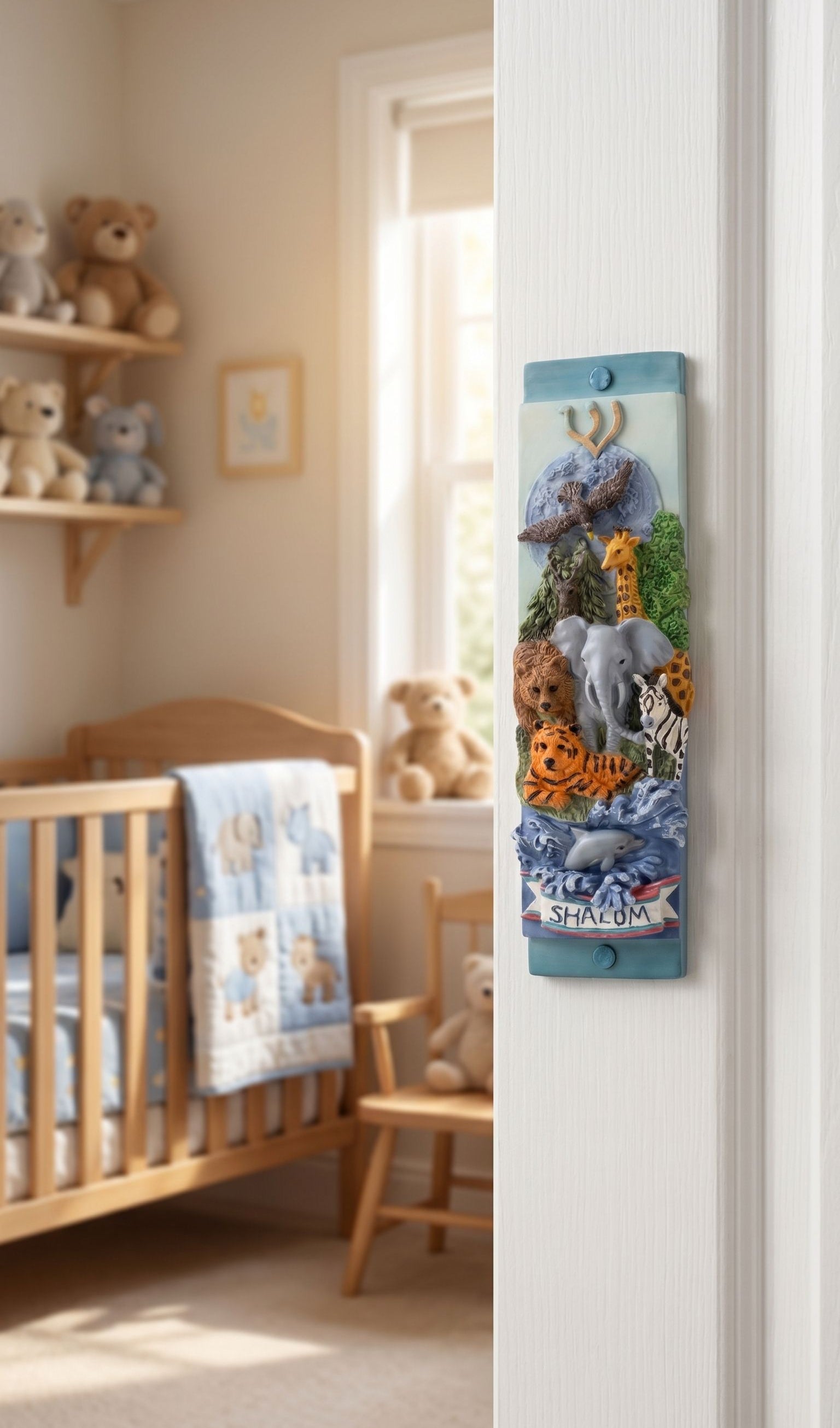 Bright, playful Animal Kingdom mezuzah with safari animals and Shalom banner on a children's doorway