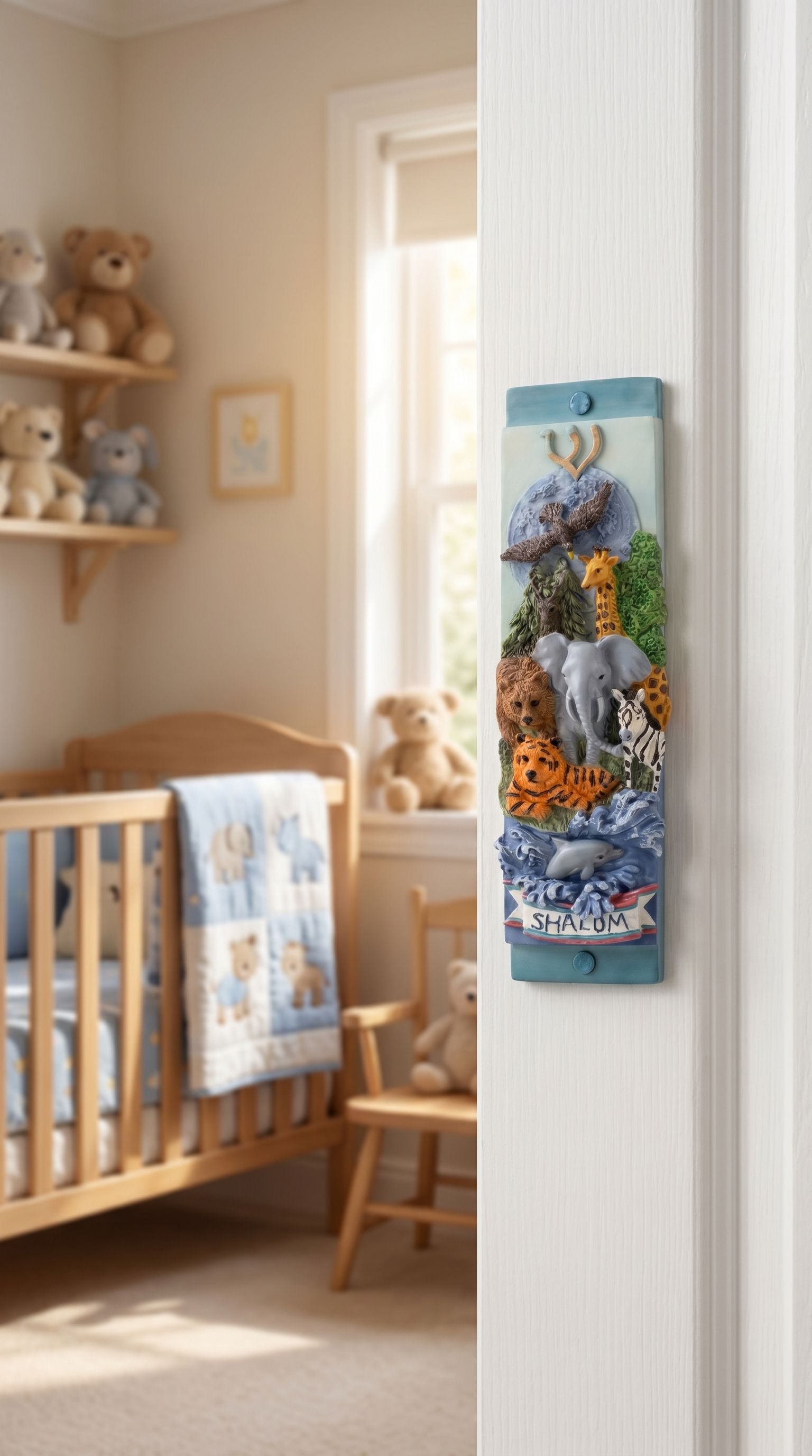 Bright, playful Animal Kingdom mezuzah with safari animals and Shalom banner on a children's doorway