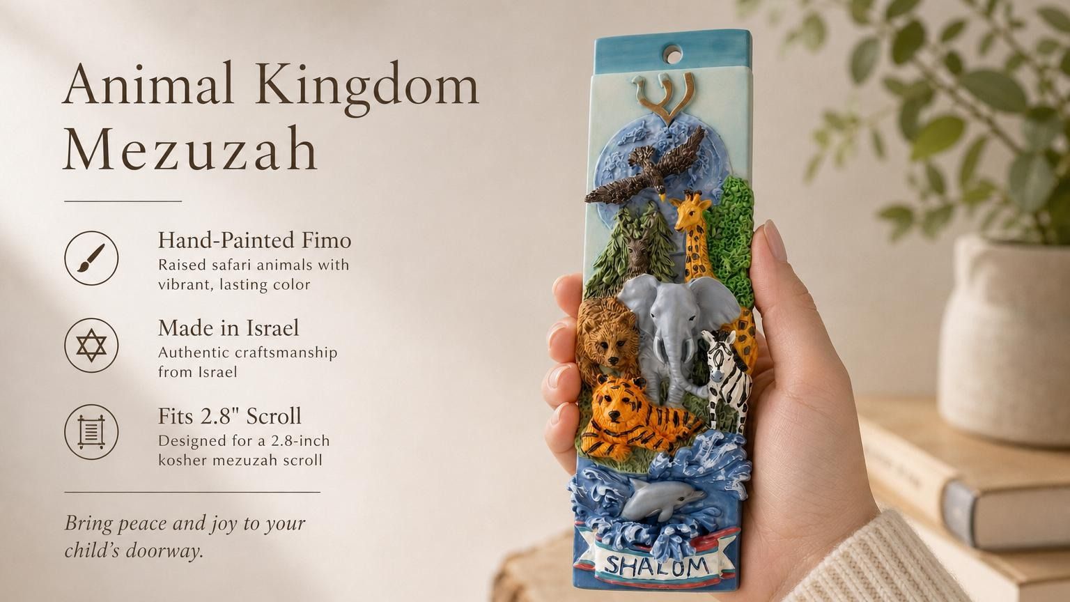 Hand-held animal kingdom mezuzah with colorful safari animals and Shalom banner, perfect for children's rooms and family spaces.