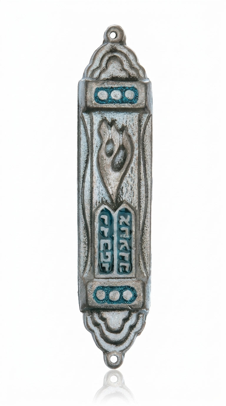 Antique Israeli Mezuzah with two tablets of the Ten Commandments, detailed engravings, and traditional design for home doorways.