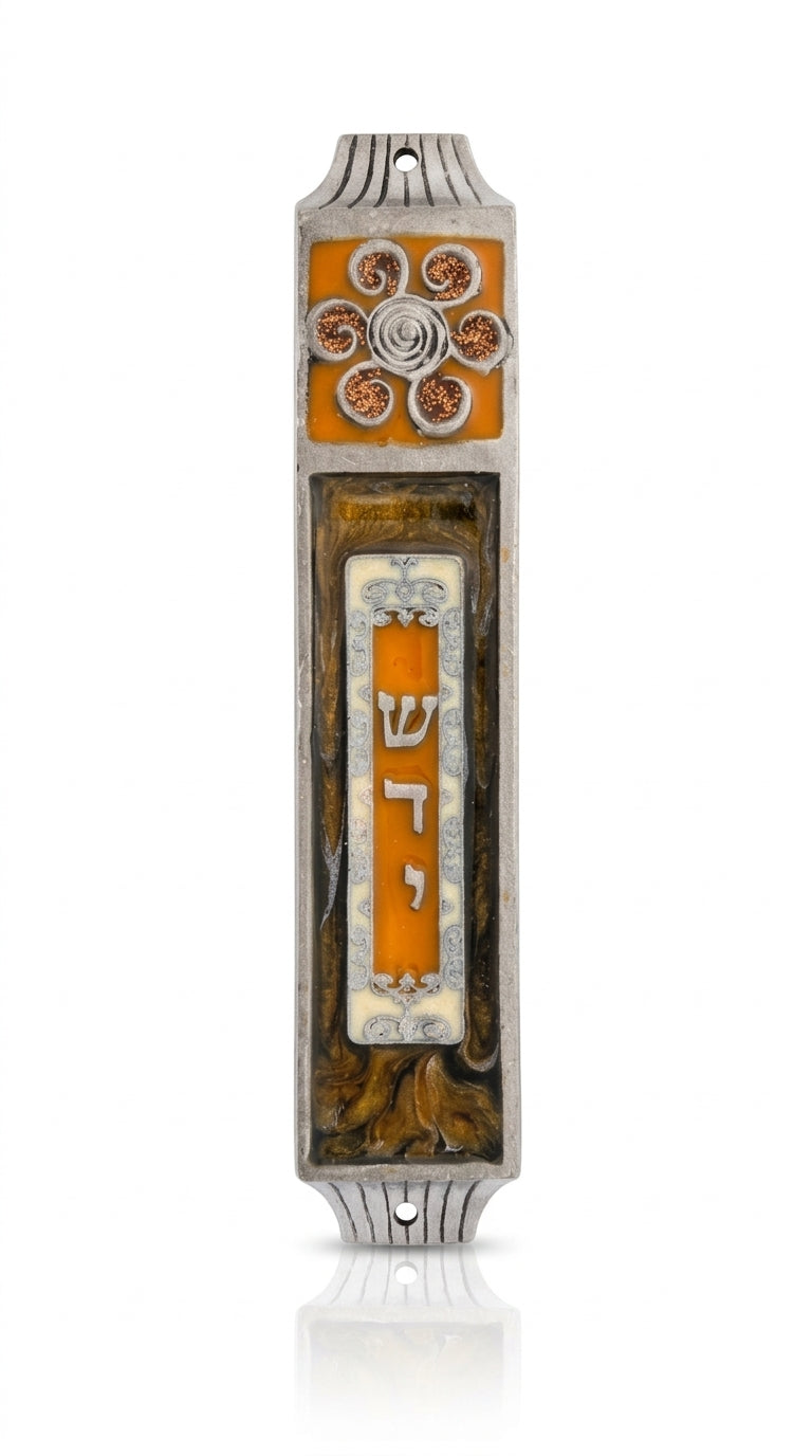High-resolution image of an April Mezuzah, made in the USA, positioned against a clean white background with a subtle reflection beneath.