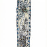 Petit Arava Mezuzah featuring a painted date palm with abundant dates, finely detailed with lacquer on pewter, emphasizing its traditional design.