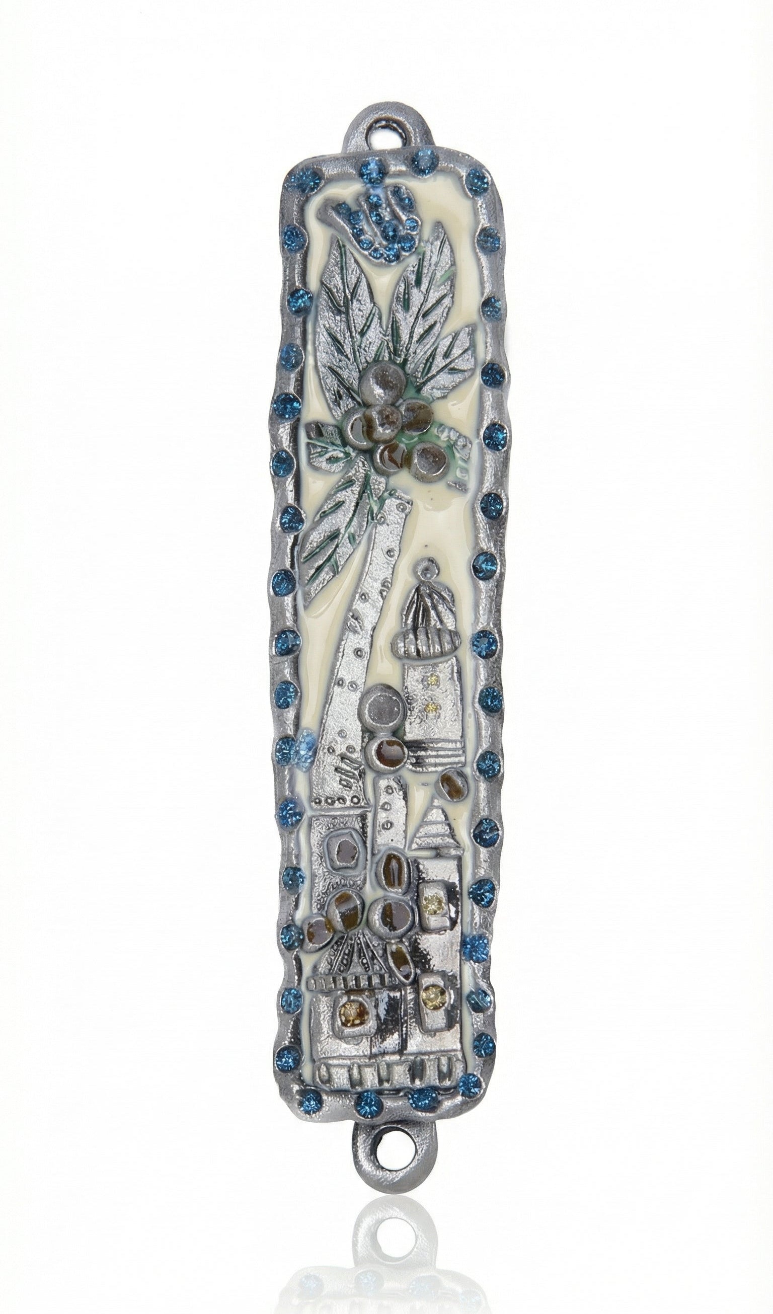 Petit Arava Mezuzah featuring a painted date palm with abundant dates, finely detailed with lacquer on pewter, emphasizing its traditional design.