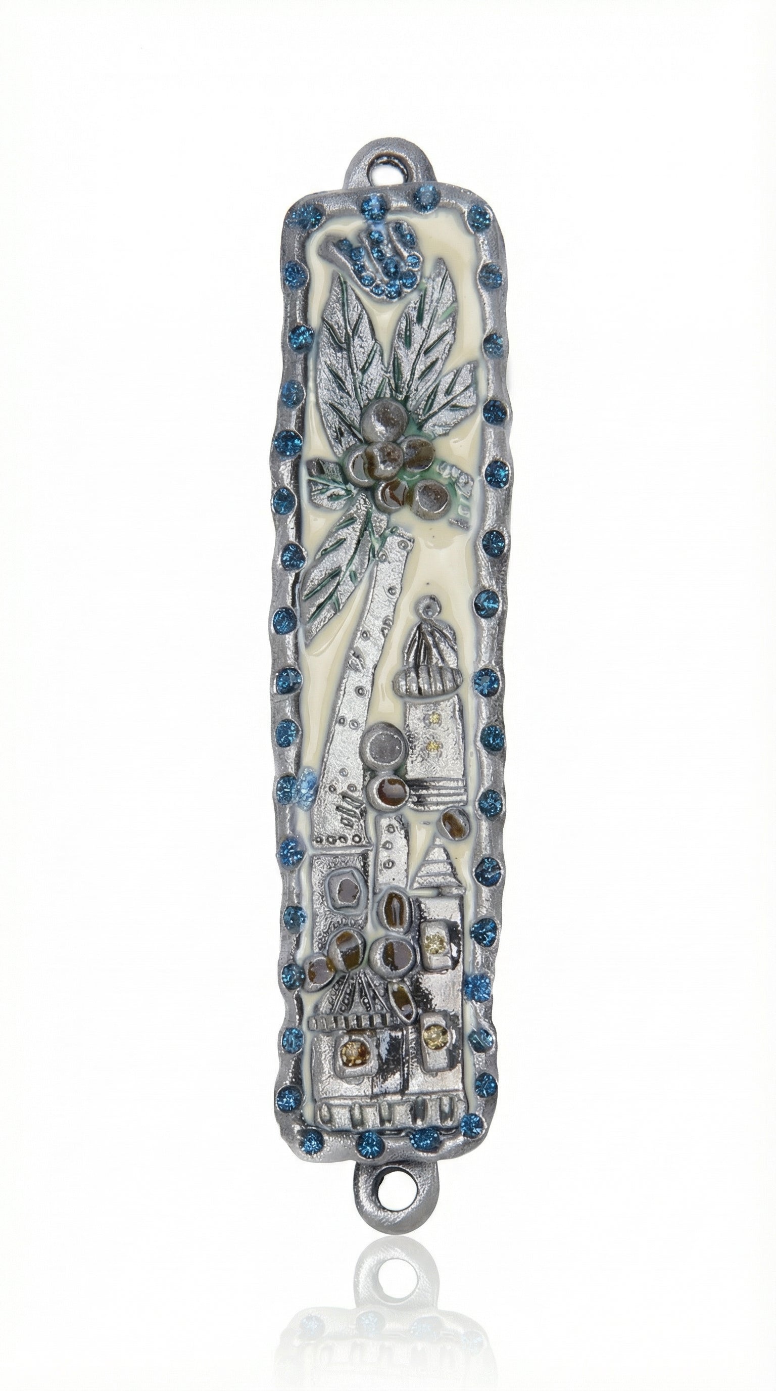Petit Arava Mezuzah featuring a painted date palm with abundant dates, finely detailed with lacquer on pewter, emphasizing its traditional design.
