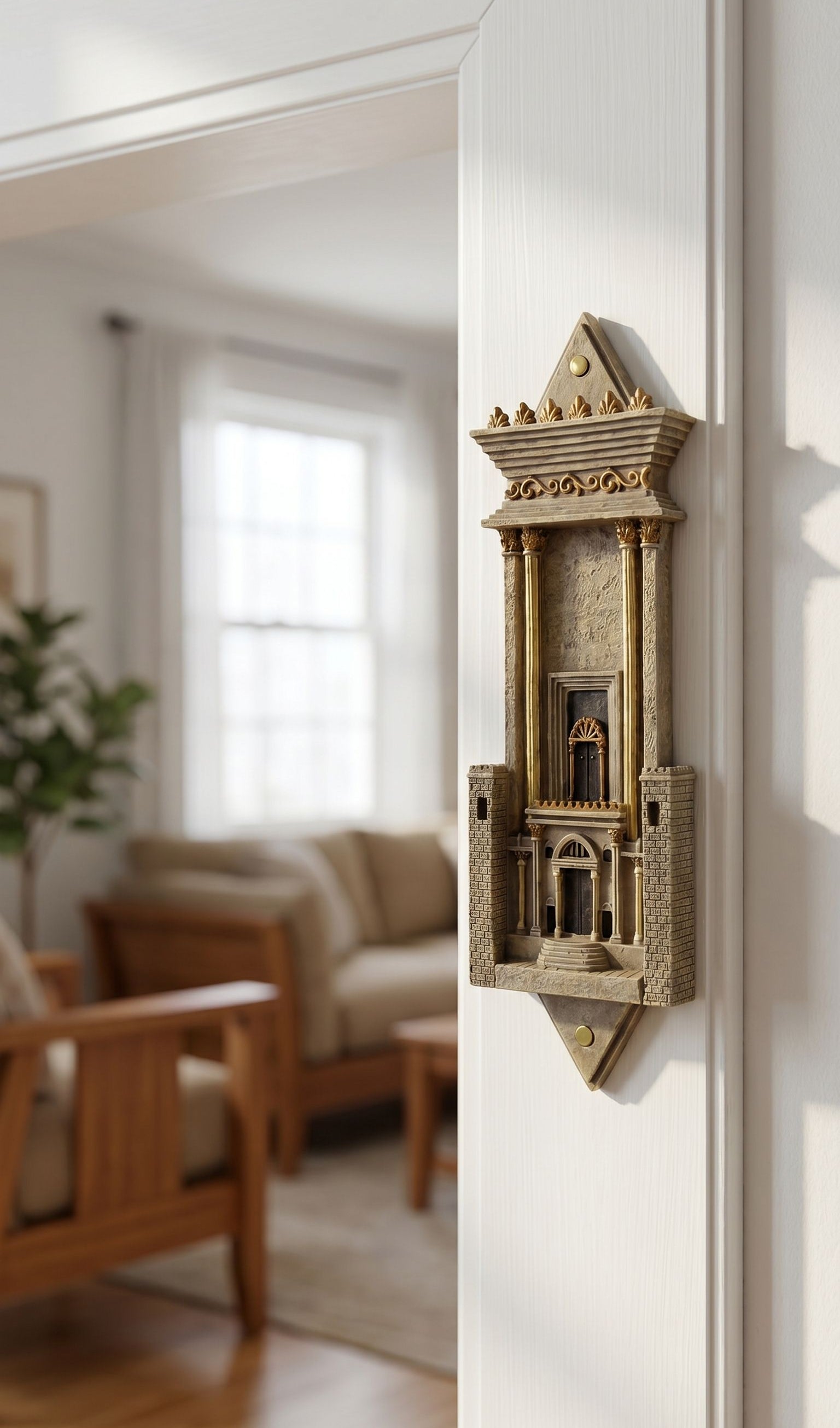 Interior view of a Jewish home showcasing an architectural Beit Hamikdash mezuzah case on a doorway jamb, made in Israel with detailed craftsmanship.