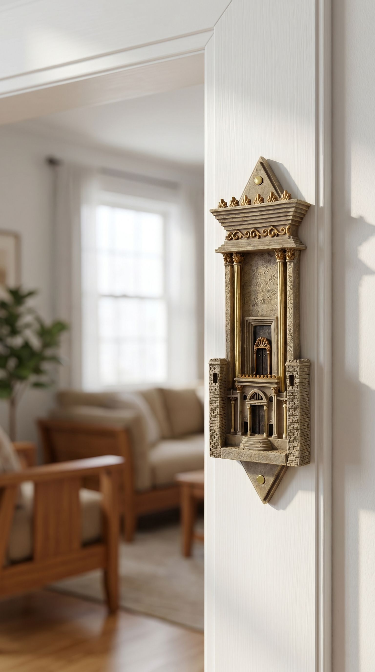 Interior view of a Jewish home showcasing an architectural Beit Hamikdash mezuzah case on a doorway jamb, made in Israel with detailed craftsmanship.