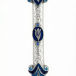 Artistic blue pewter Mezuzah with Hebrew inscription and decorative motifs, mounted on a pure white background with soft reflection.