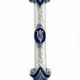 Artistic blue pewter Mezuzah with Hebrew inscription and decorative motifs, mounted on a pure white background with soft reflection.