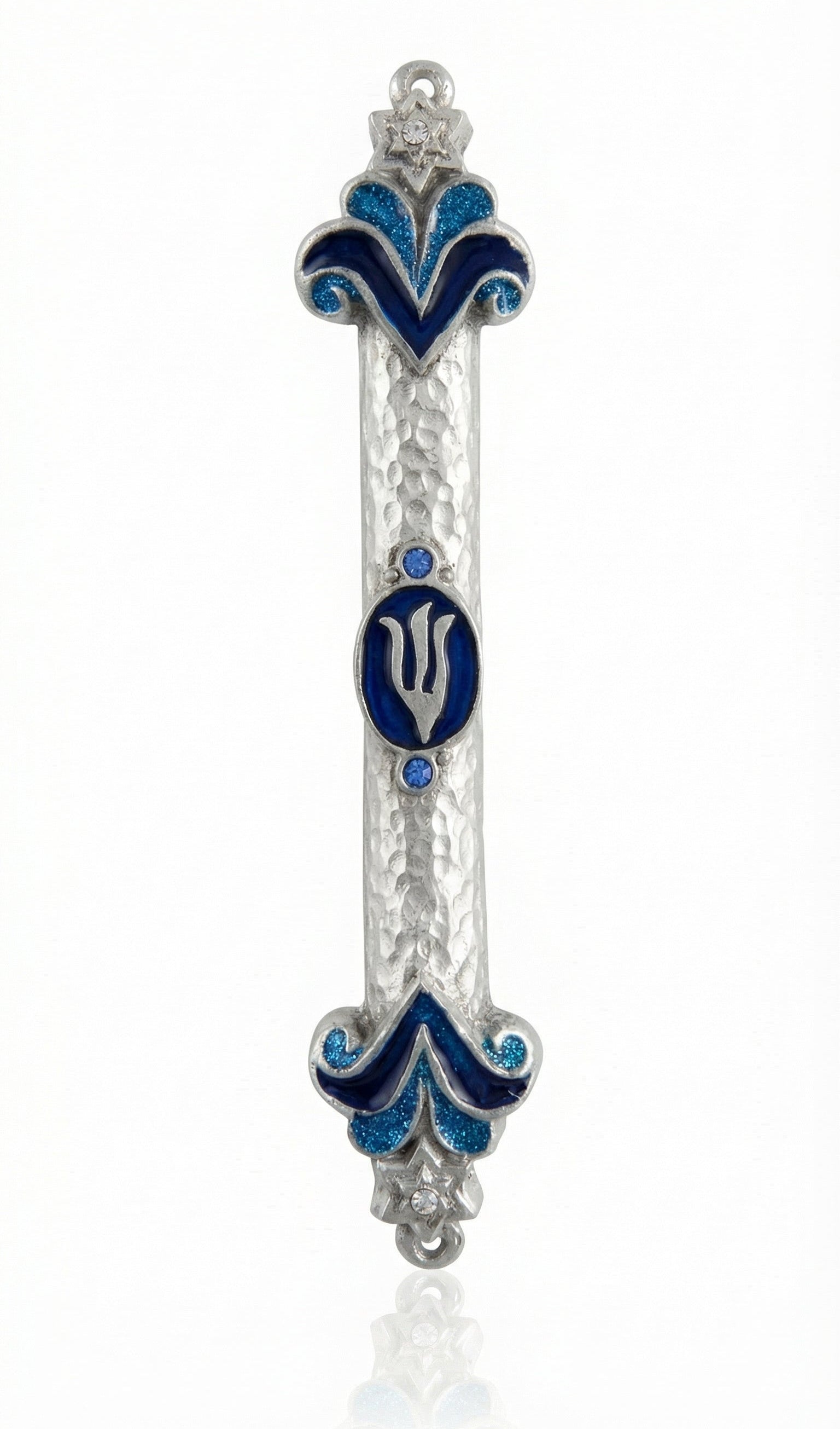 Artistic blue pewter Mezuzah with Hebrew inscription and decorative motifs, mounted on a pure white background with soft reflection.