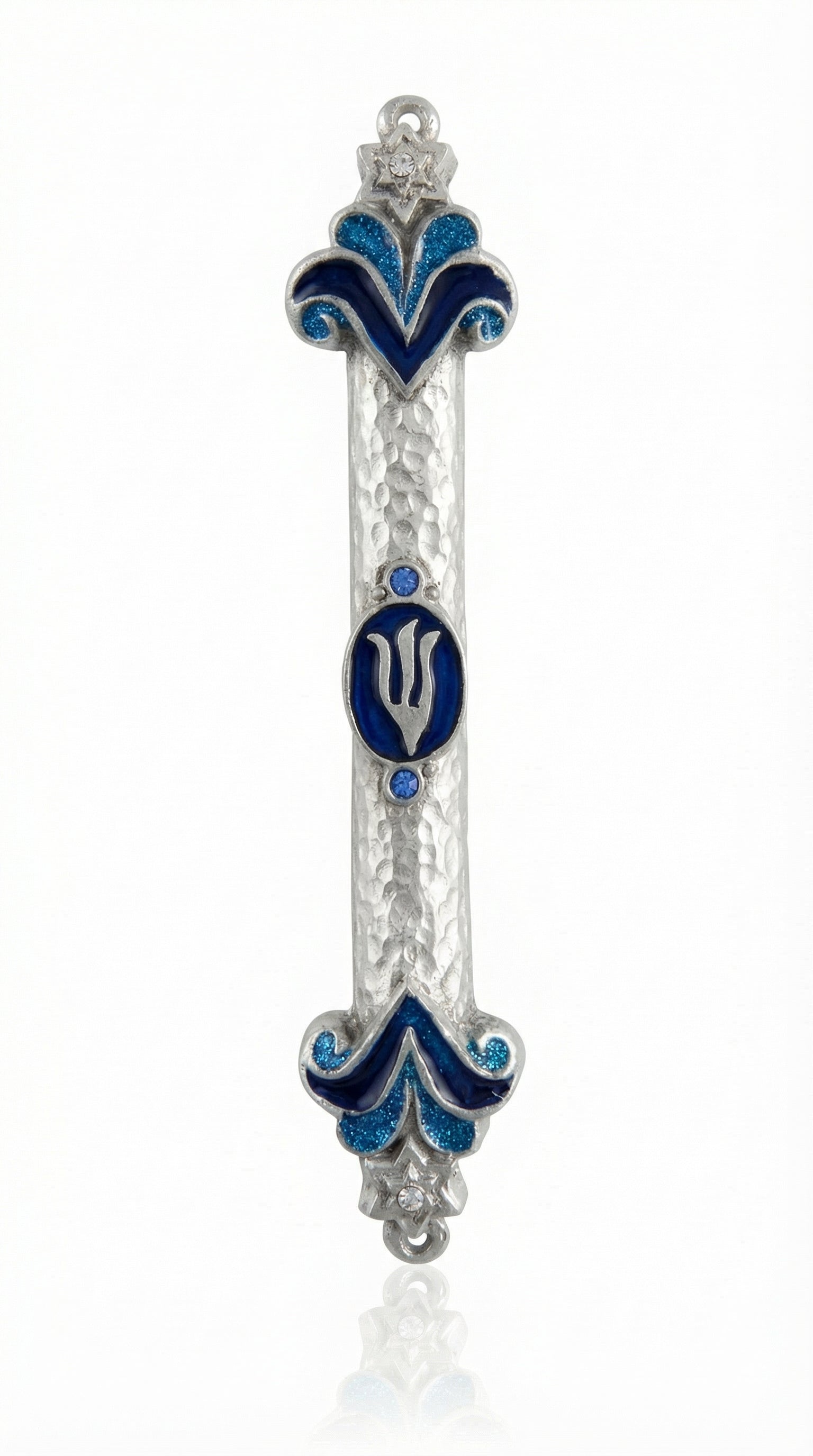 Artistic blue pewter Mezuzah with Hebrew inscription and decorative motifs, mounted on a pure white background with soft reflection.