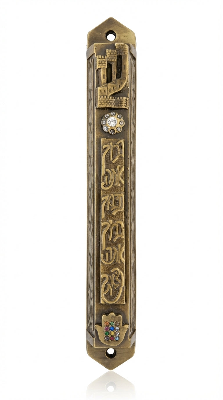 A detailed high-resolution image of an Ariel Brass Mezuzah with engraved Hebrew letters and decorative motifs, set against a pure white background with a soft reflection.