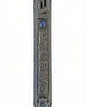 A finely detailed Pewter Mezuzah, 6.25 inches tall, made in USA, with Hebrew inscriptions and decorative motifs, on a white studio background.