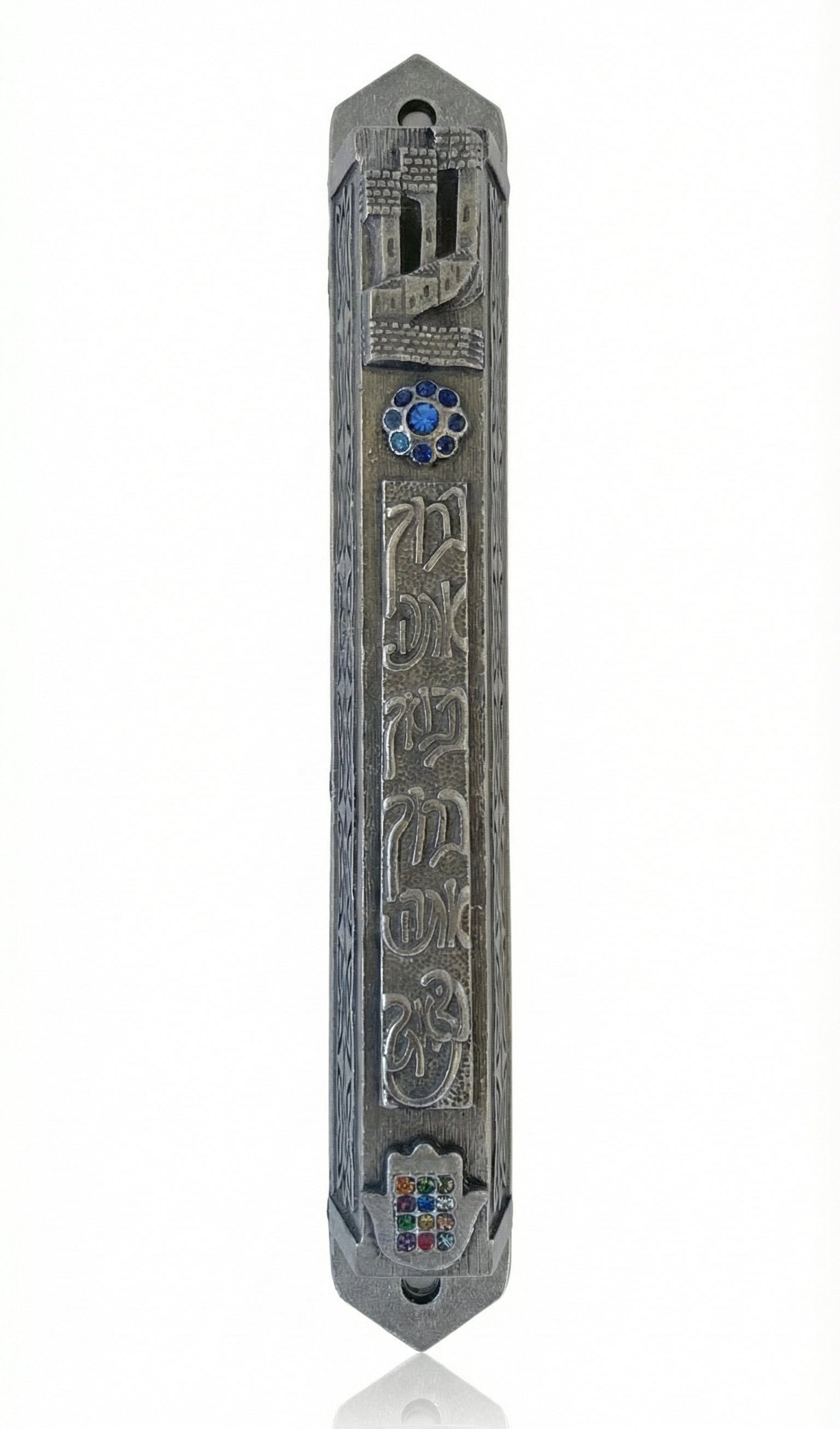A finely detailed Pewter Mezuzah, 6.25 inches tall, made in USA, with Hebrew inscriptions and decorative motifs, on a white studio background.