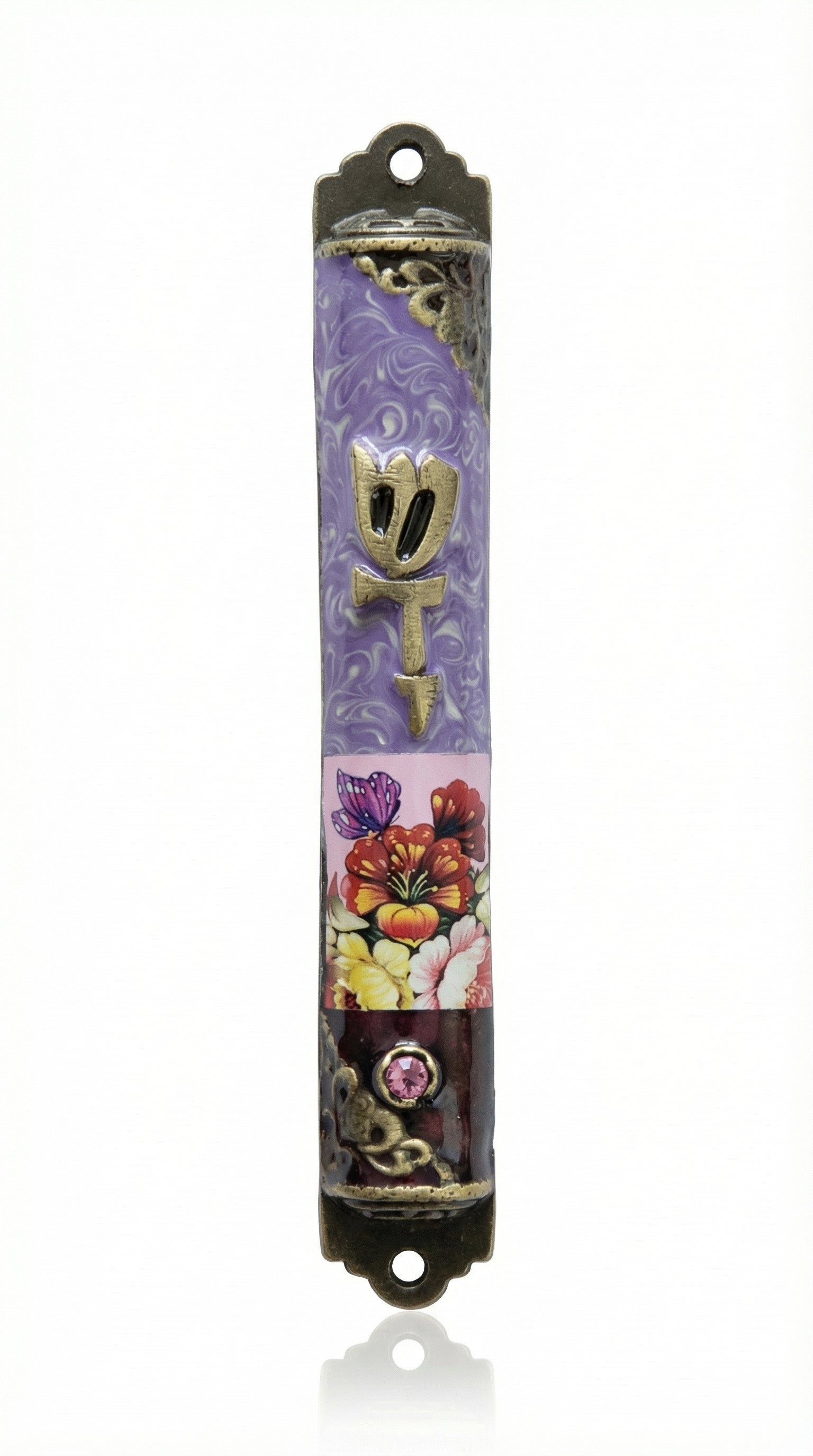 Upscale high-resolution image of the Arizona Mezuzah, crafted in the USA from pewter and hand-painted with enamel, displayed against a pure white background with a subtle reflective surface.