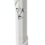 Around The Old City White Acrylic Mezuzah on a white background, a waterproof Israeli mezuzah case wrapped in sculpted Jerusalem Old City wall relief with a silver Shin at its center, holding a kosher scroll up to 6 inches