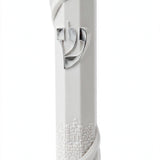 Around The Old City White Acrylic Mezuzah on a white background, a waterproof Israeli mezuzah case wrapped in sculpted Jerusalem Old City wall relief with a silver Shin at its center, holding a kosher scroll up to 6 inches
