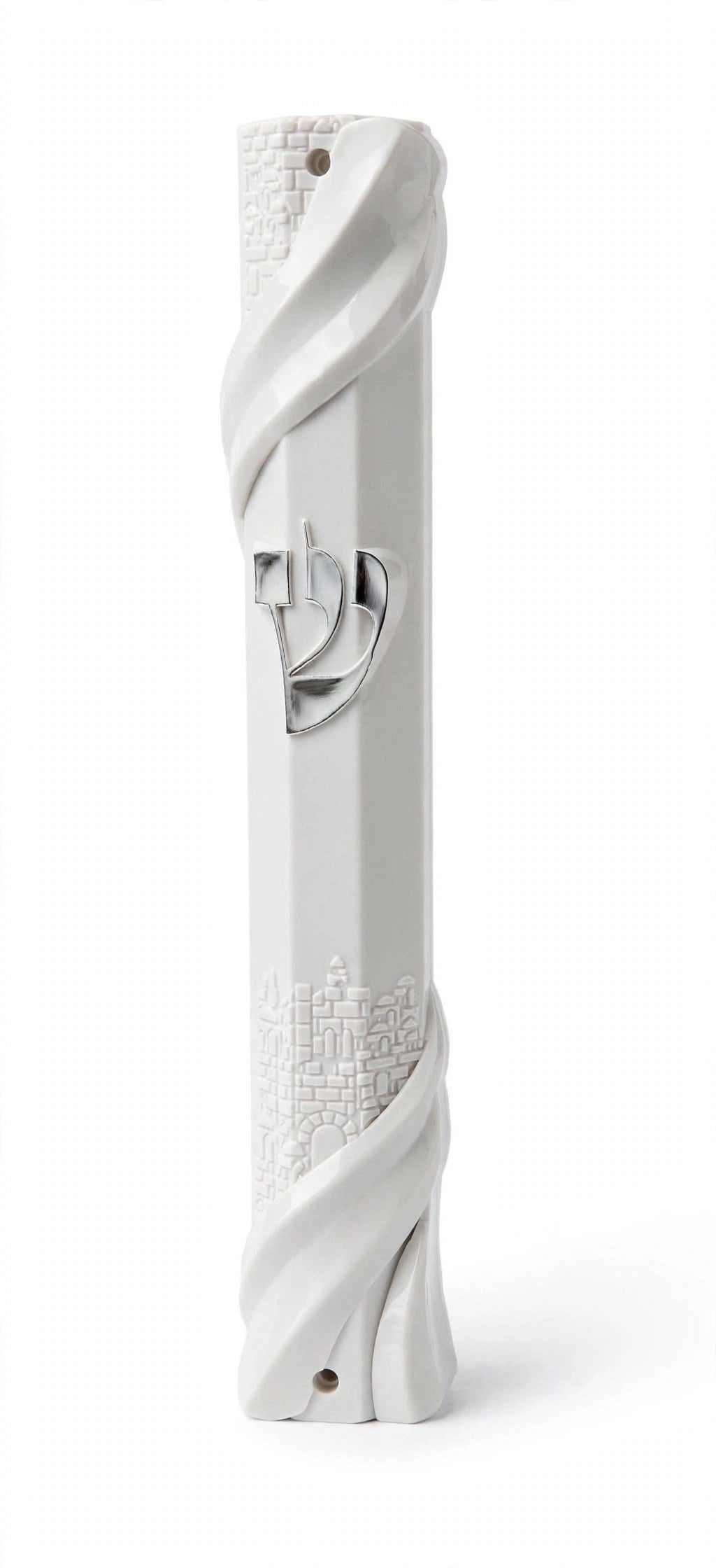 Around The Old City White Acrylic Mezuzah on a white background, a waterproof Israeli mezuzah case wrapped in sculpted Jerusalem Old City wall relief with a silver Shin at its center, holding a kosher scroll up to 6 inches