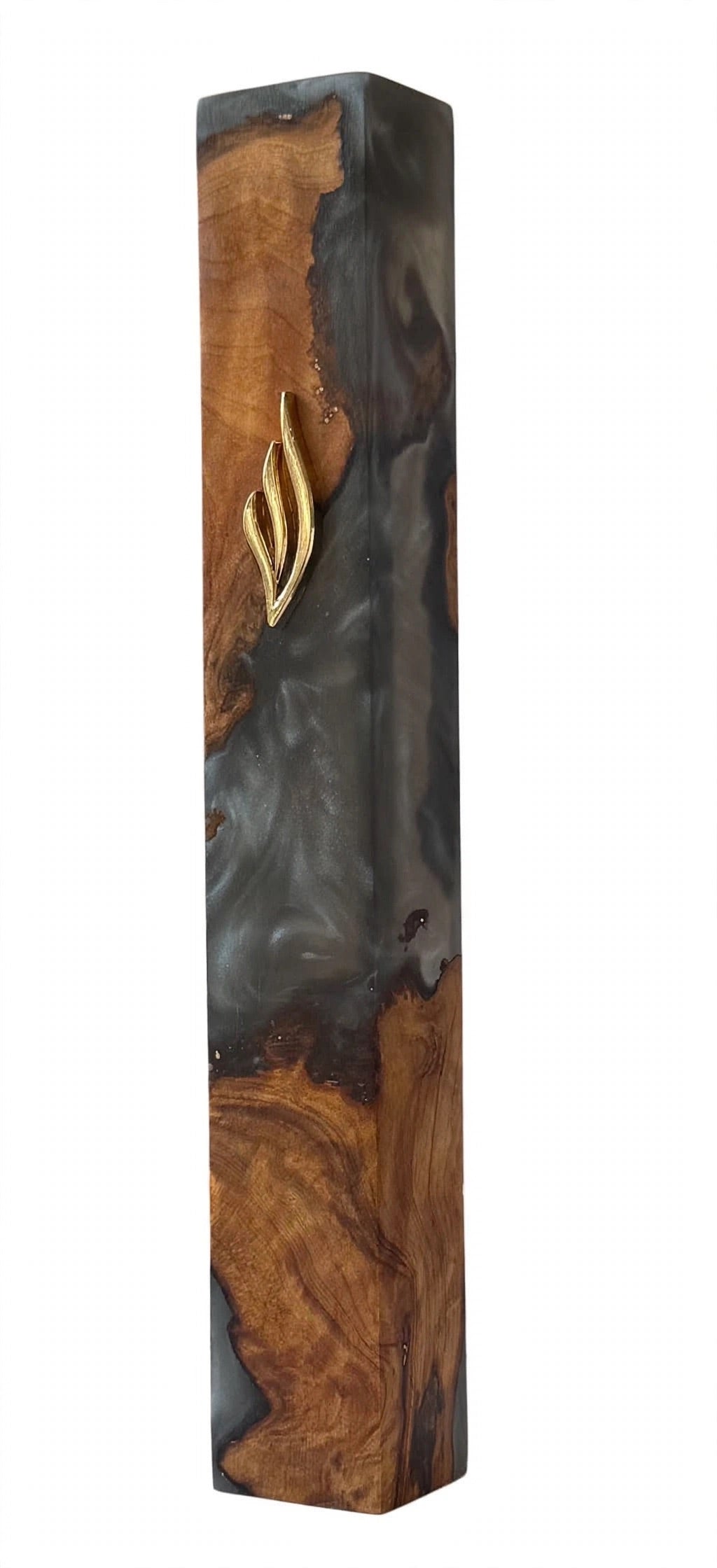 Artistic Olive Wood Charcoal Black Resin Mezuzah on a white background, a handmade Israeli olive wood mezuzah with marbled charcoal resin flowing through the grain and a gold Shin, fitting a kosher scroll up to 6 inches