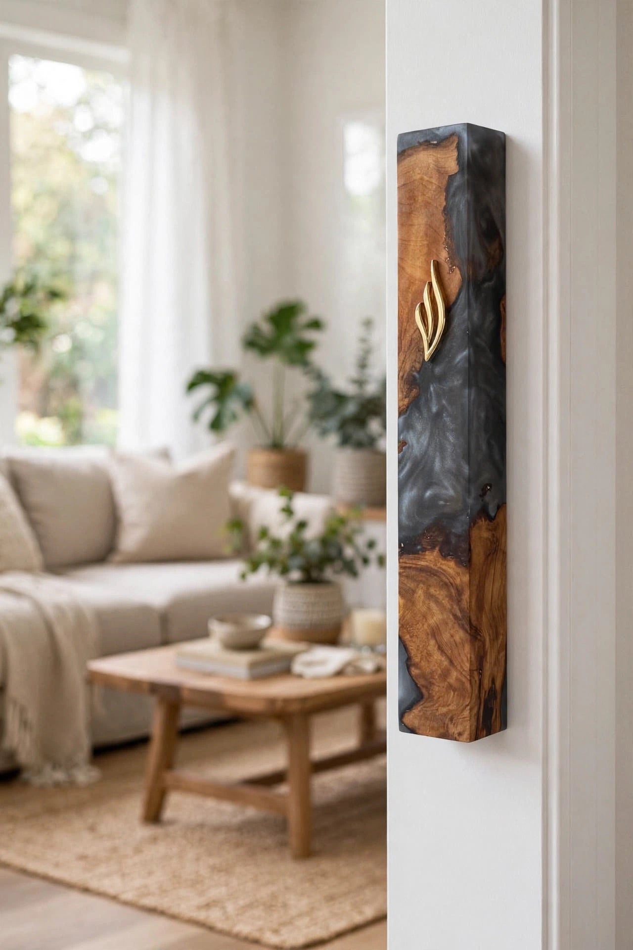 Olive wood and charcoal black resin mezuzah case mounted on a white doorpost next to a sunlit living room, its smoky gray resin, warm olive wood grain and gold Shin shown at true size on a home entrance