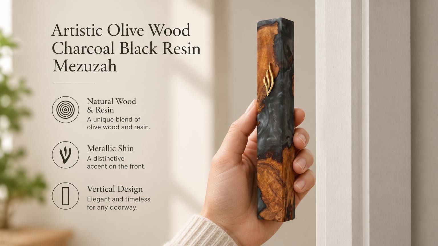 Hand holding a 7.5-inch olive wood and charcoal resin mezuzah case with gold Shin detail against a soft neutral background.
