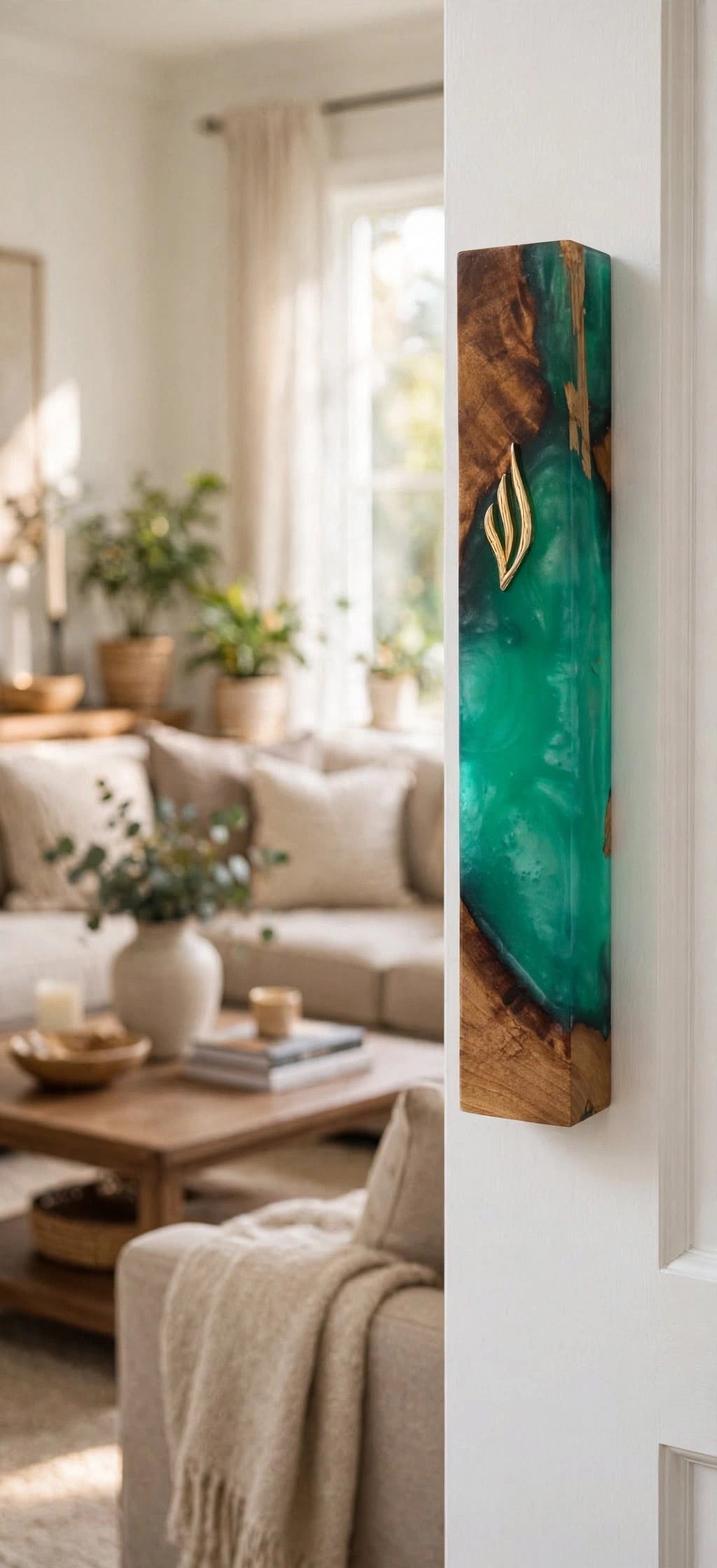 Emerald green resin and olive wood mezuzah mounted on a white doorframe in a bright living room, showing the glowing green resin, natural wood edges and gold Shin of this handcrafted Israeli mezuzah case at doorpost scale