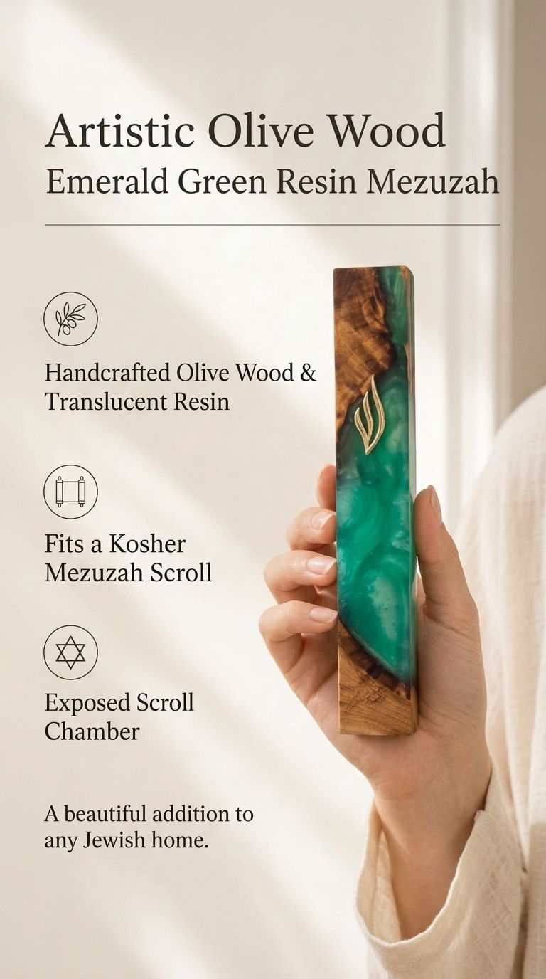 Hand holding an olive wood mezuzah case featuring flowing emerald green resin and a gold Shin symbol in a premium editorial setting.