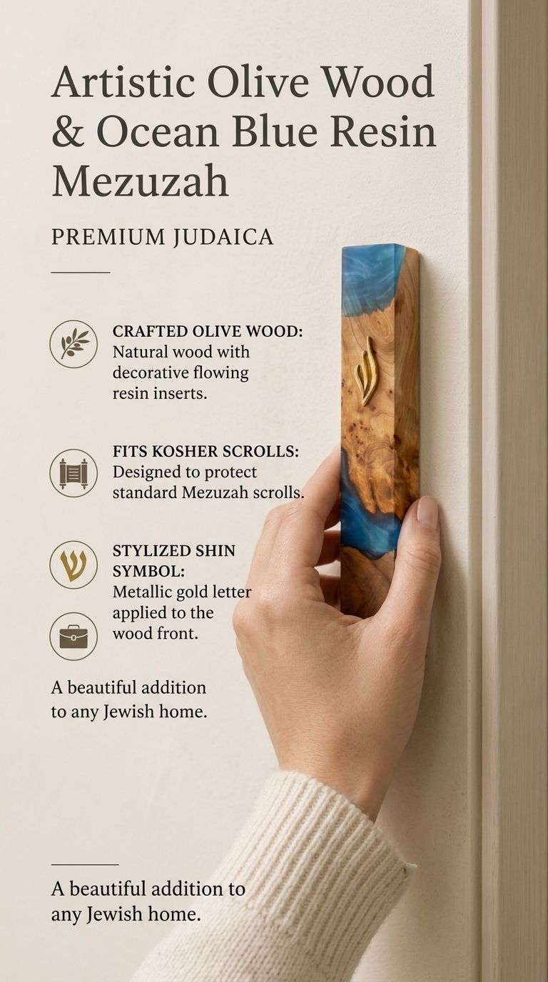Person holding an artistic olive wood mezuzah with ocean blue and turquoise resin and a gold-toned Shin symbol.