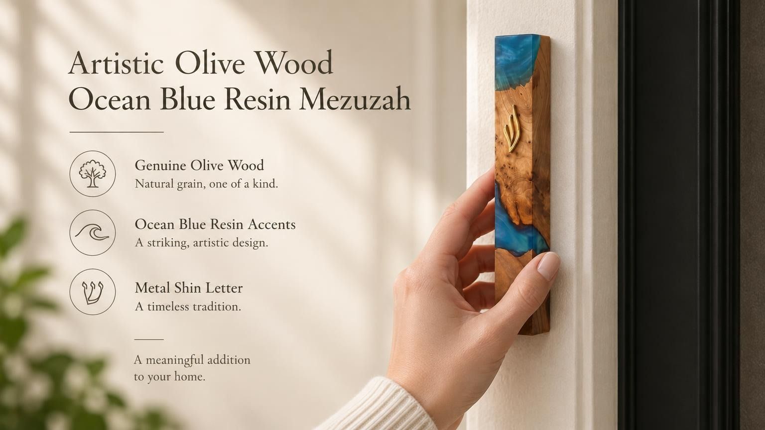 Hand holding a 7.5-inch artistic mezuzah case crafted from olive wood and blue ocean resin with a gold Shin letter.