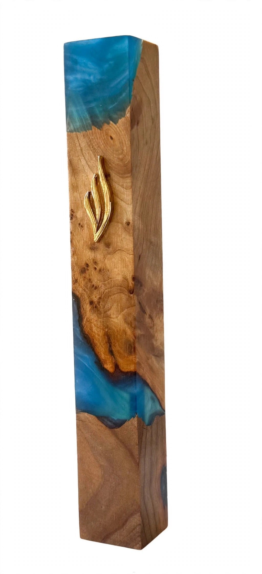 Angled view of the Artistic Olive Wood Ocean Blue Resin Mezuzah, a handcrafted Israeli mezuzah case where natural olive wood grain meets swirling blue and turquoise resin under a gold Shin, made for a 6-inch kosher scroll