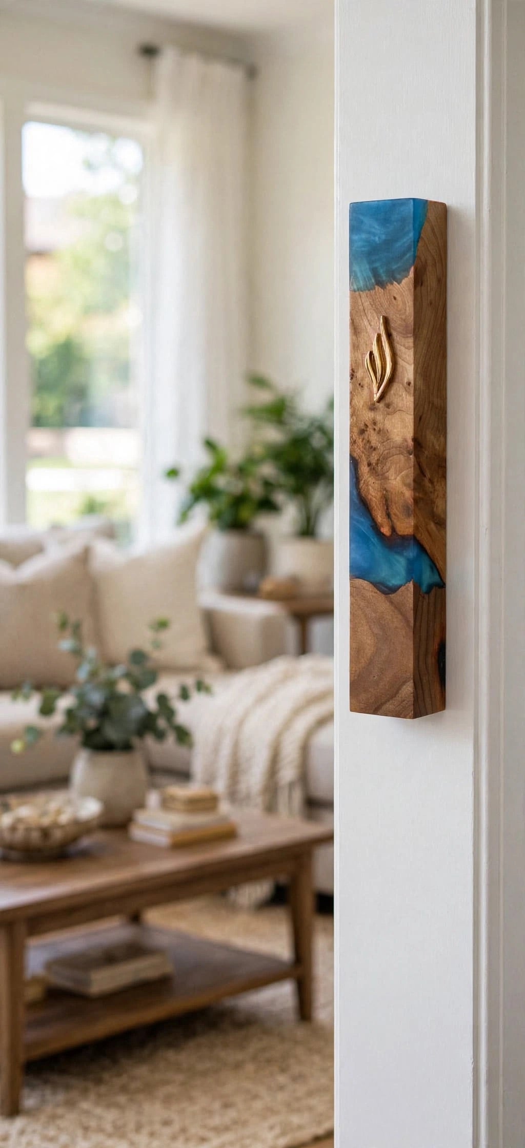 Artistic olive wood and ocean blue resin mezuzah mounted on a white doorframe beside a bright living room, showing how this handcrafted Israeli olive wood mezuzah case with a gold Shin looks at real doorpost scale