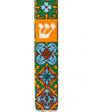 Toscana Mezuzah shown upright on white with orange green and pale blue floral and geometric patterns a white Hebrew Shin on the orange center and white mounting ends