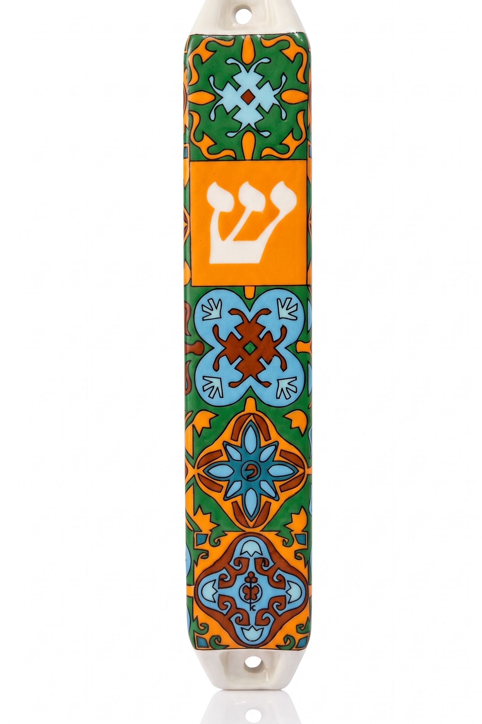 Toscana Mezuzah shown upright on white with orange green and pale blue floral and geometric patterns a white Hebrew Shin on the orange center and white mounting ends