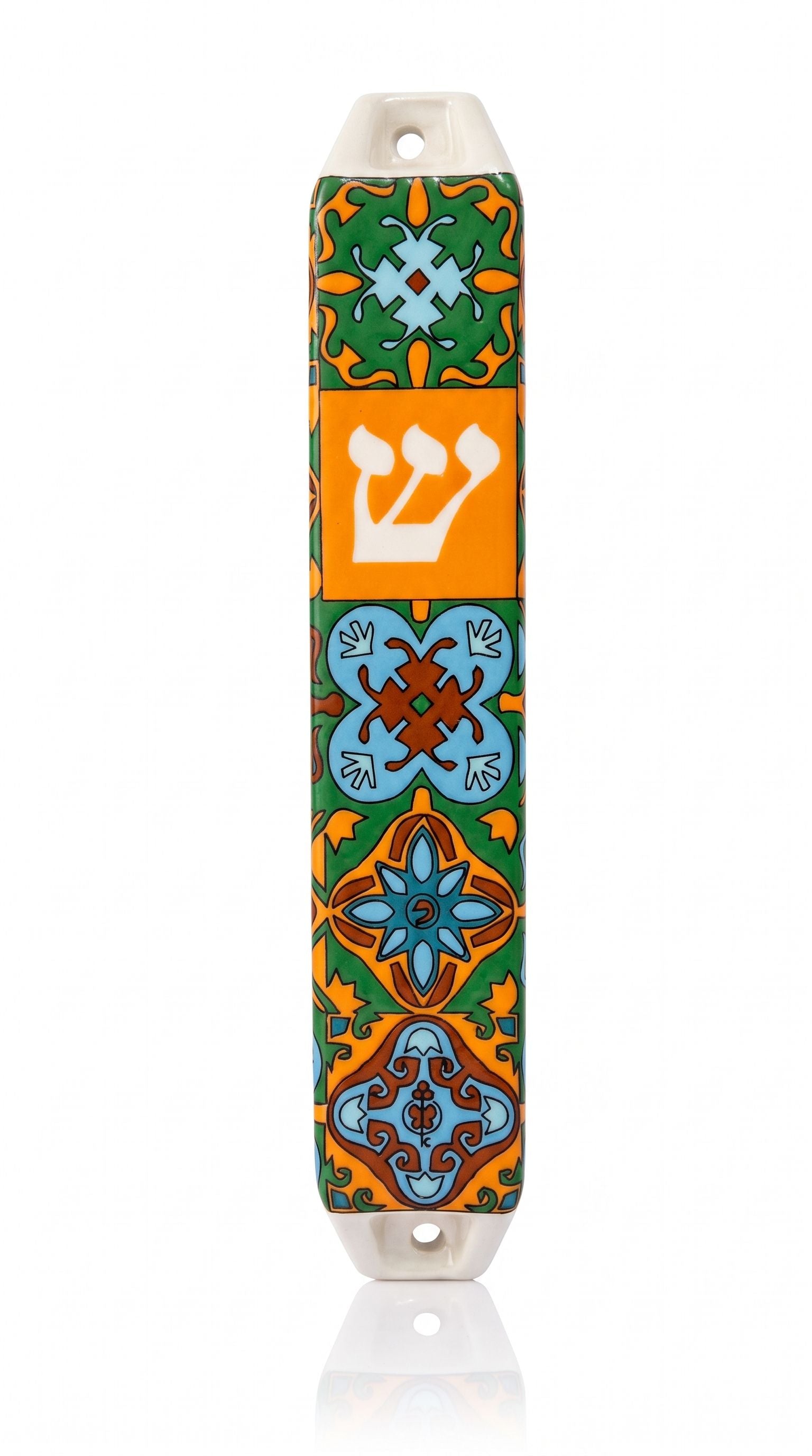 Toscana Mezuzah shown upright on white with orange green and pale blue floral and geometric patterns a white Hebrew Shin on the orange center and white mounting ends