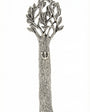Silver pewter Tree of Life mezuzah case made in USA with detailed branches, leaves, textured trunk and raised Hebrew Shin