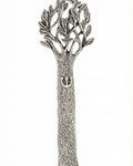 Silver pewter Tree of Life mezuzah case made in USA with detailed branches, leaves, textured trunk and raised Hebrew Shin