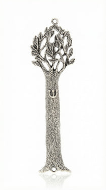 Silver pewter Tree of Life mezuzah case made in USA with detailed branches, leaves, textured trunk and raised Hebrew Shin