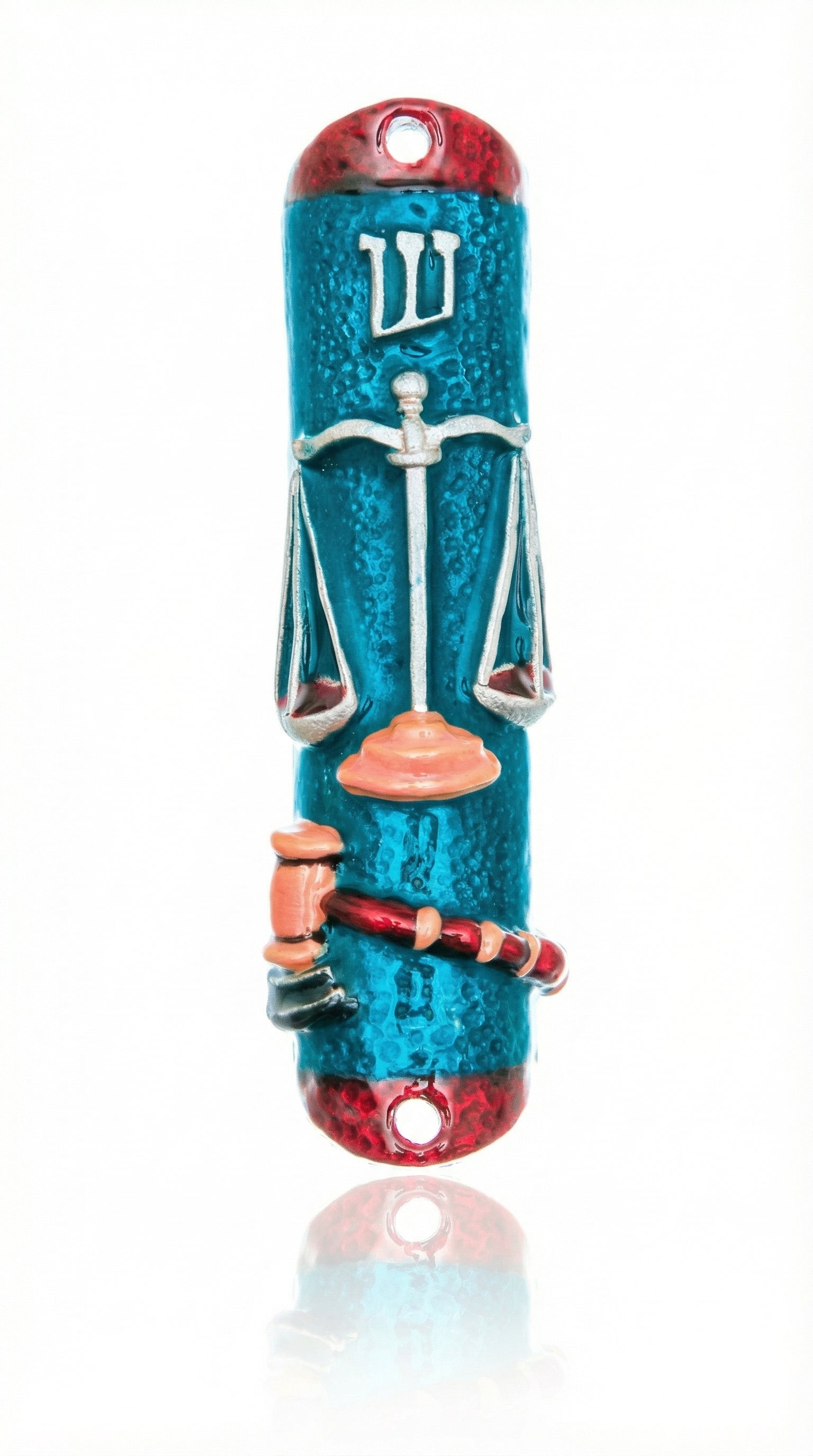 Hand-painted pewter mezuzah featuring scales of justice and gavel, crafted for legal professionals, with precise details and a white studio background.