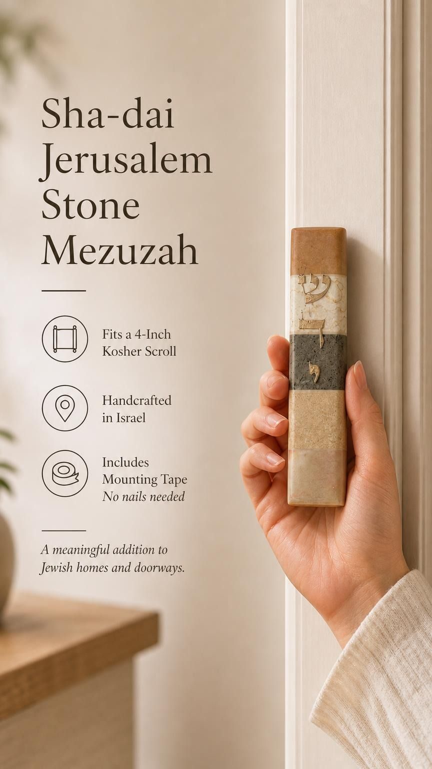 Close-up of a hand holding an authentic Jerusalem stone mezuzah case, showcasing its unique mineral tones and Hebrew design.