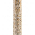 Handcrafted Jerusalem Stone mezuzah with natural variations, engraved Hebrew letters, decorative motifs, and a polished finish, suitable for home entrance.